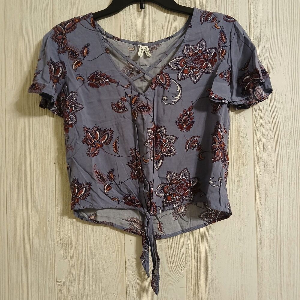 Mudd Size S Blue Floral Front Tie Criss Cross Strap Boho Short Sleeve Shirt
